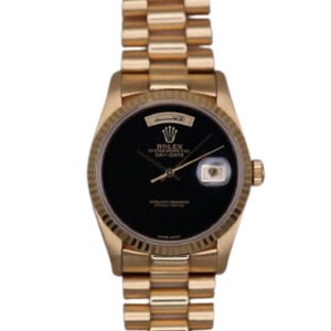 Rolex Day-Date 18238 yellow gold black onyx dial Roman numerals fluted bezel President bracelet full set box