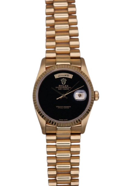 Rolex Day-Date 18238 yellow gold black onyx dial Roman numerals fluted bezel President bracelet full set box